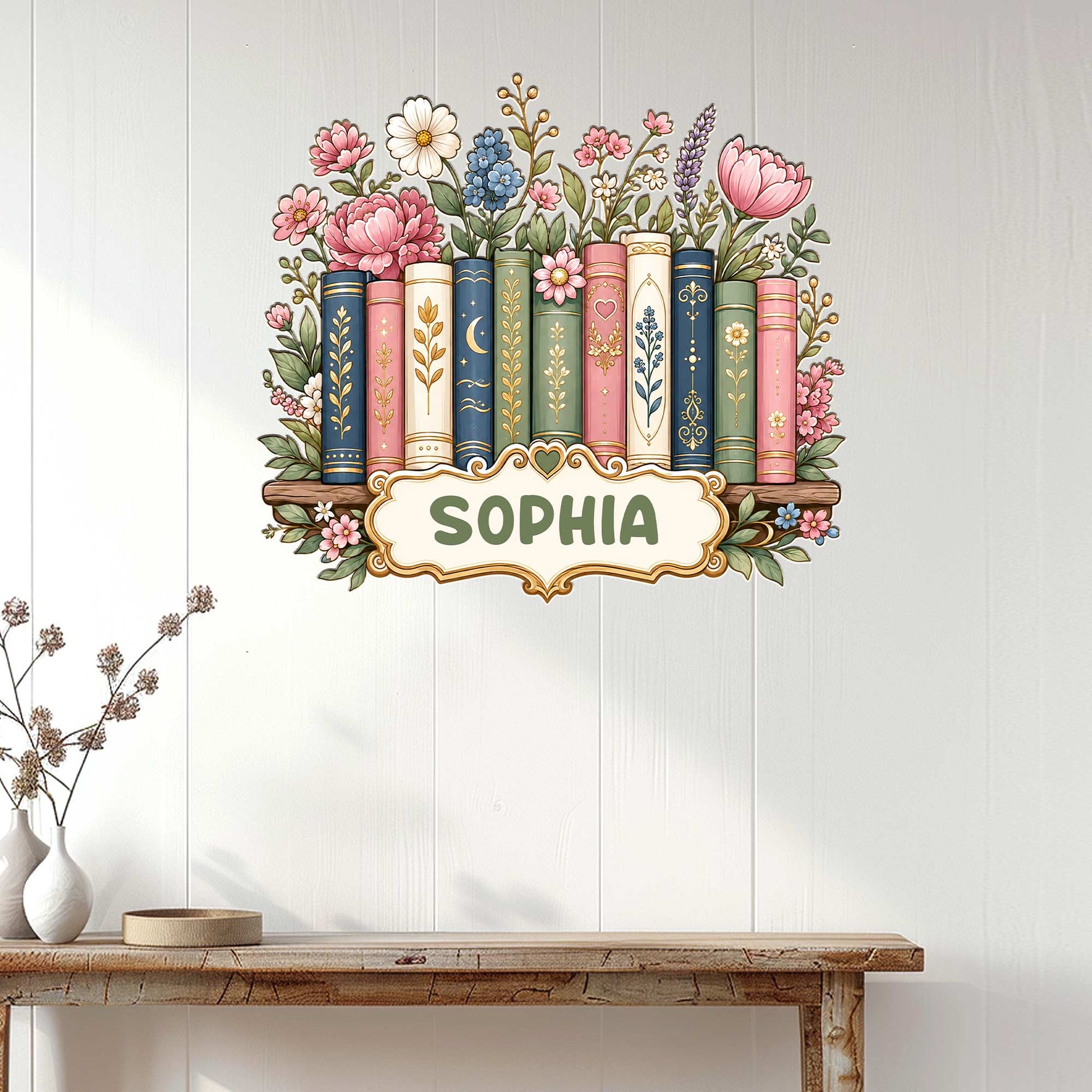 Floral bookshelf metal sign displayed as wall decor above a console table in a bright home