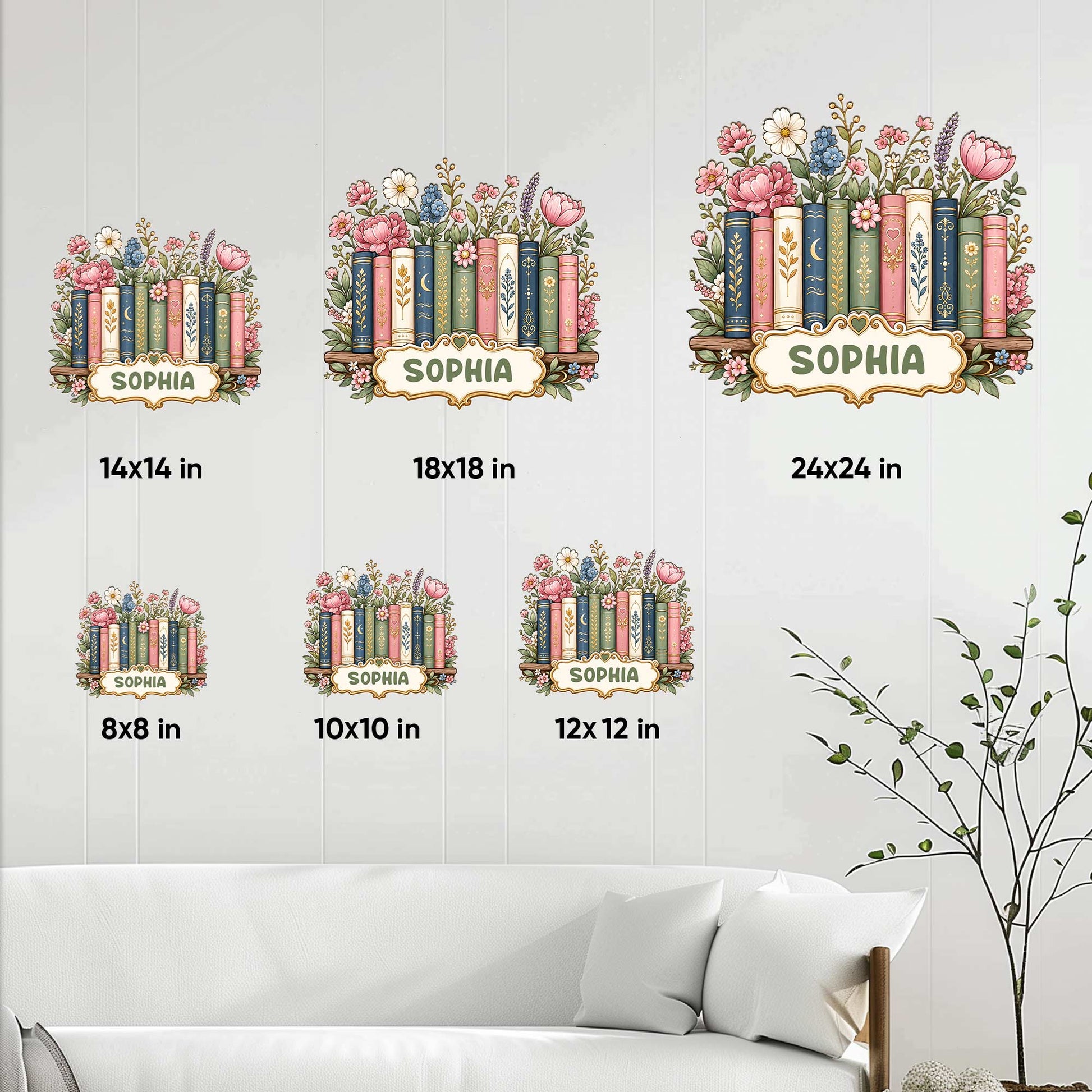 Book lover metal sign size guide showing floral bookshelf designs in six square sizes
