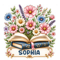 Floral book lover metal sign featuring an open book, stacked books, and a colorful bouquet of flowers