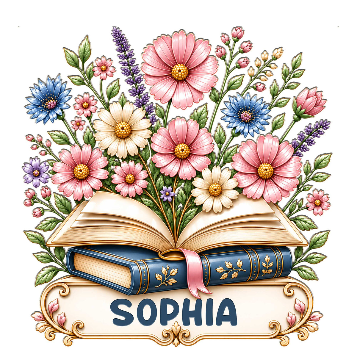 Floral book lover metal sign featuring an open book, stacked books, and a colorful bouquet of flowers