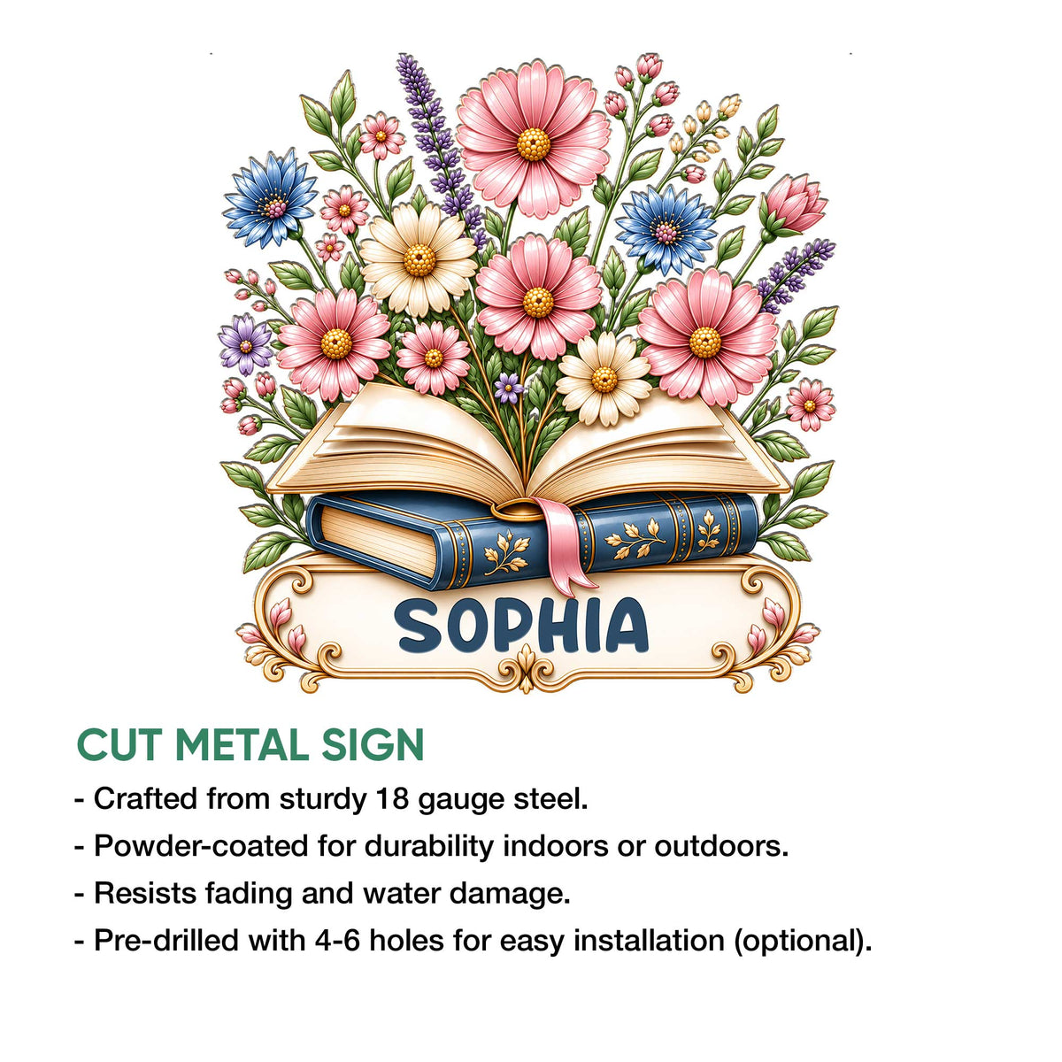Decorative book metal sign showcasing blooming flowers above open and closed books in an ornate design