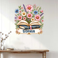 Floral reading wall decor displayed on a white paneled wall above a console table