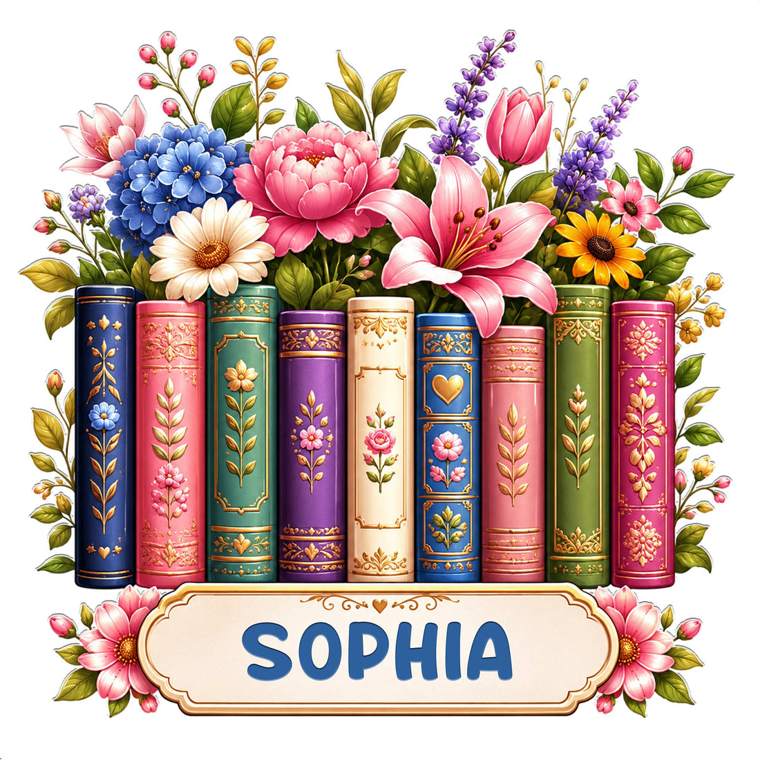 Custom book lover metal sign featuring ornate colorful books surrounded by a vibrant floral arrangement