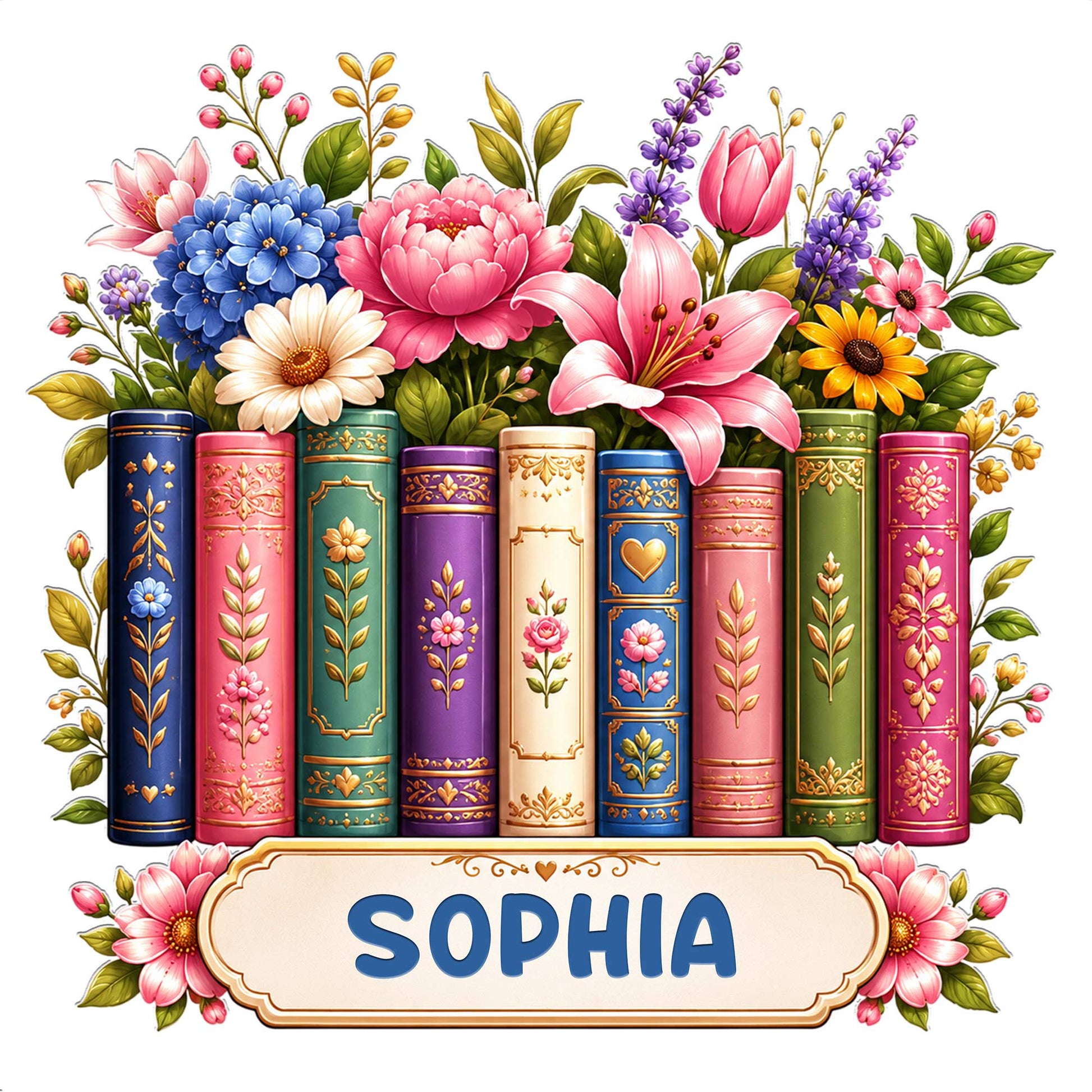 Custom book lover metal sign featuring ornate colorful books surrounded by a vibrant floral arrangement