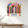 Floral bookshelf metal sign displayed as colorful reading room decor above a console table