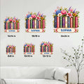 Book lover metal sign size guide showing six square size options in a bright floral bookshelf design