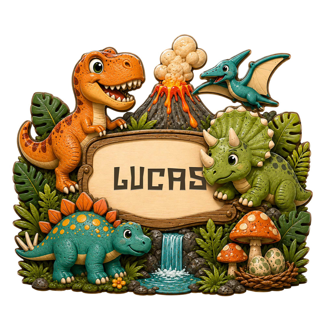 Colorful dinosaur metal sign featuring a T. rex, triceratops, flying reptile, volcano, plants, and waterfall