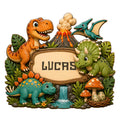 Colorful dinosaur metal sign featuring a T. rex, triceratops, flying reptile, volcano, plants, and waterfall