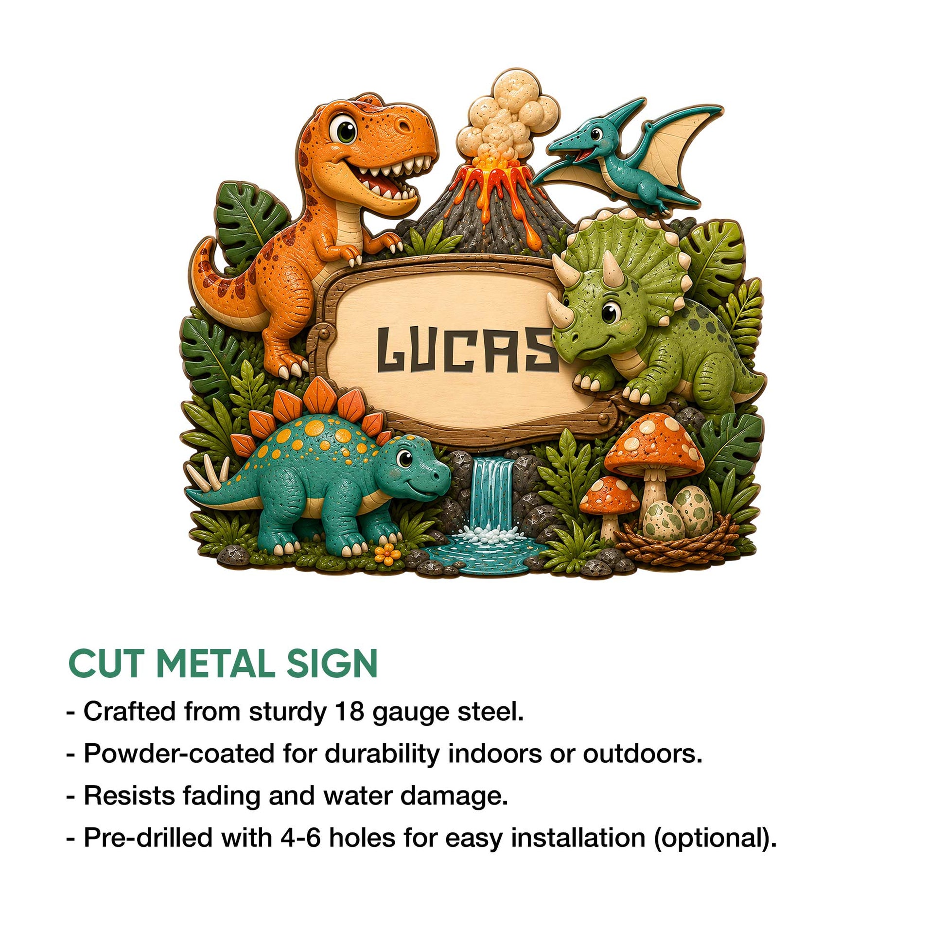 Dinosaur metal sign with a playful prehistoric scene, leafy jungle details, and a framed central design