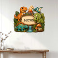 Custom dinosaur wall sign displayed on a light wood wall above a console table