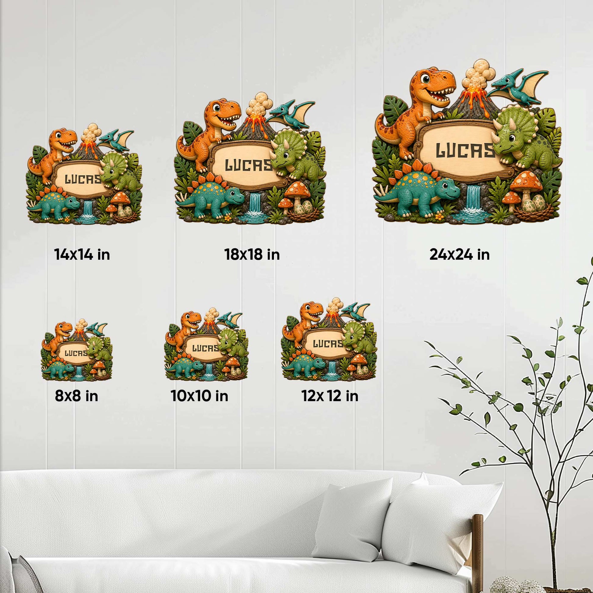 Dinosaur metal sign size guide showing available square sizes from 8x8 to 24x24 inches