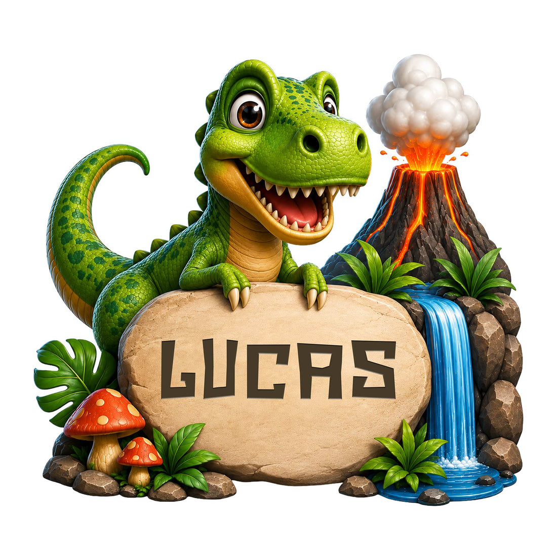 Custom dinosaur metal sign featuring a cheerful green T. rex, erupting volcano, waterfall, and jungle scene