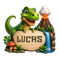 Custom dinosaur metal sign featuring a cheerful green T. rex, erupting volcano, waterfall, and jungle scene