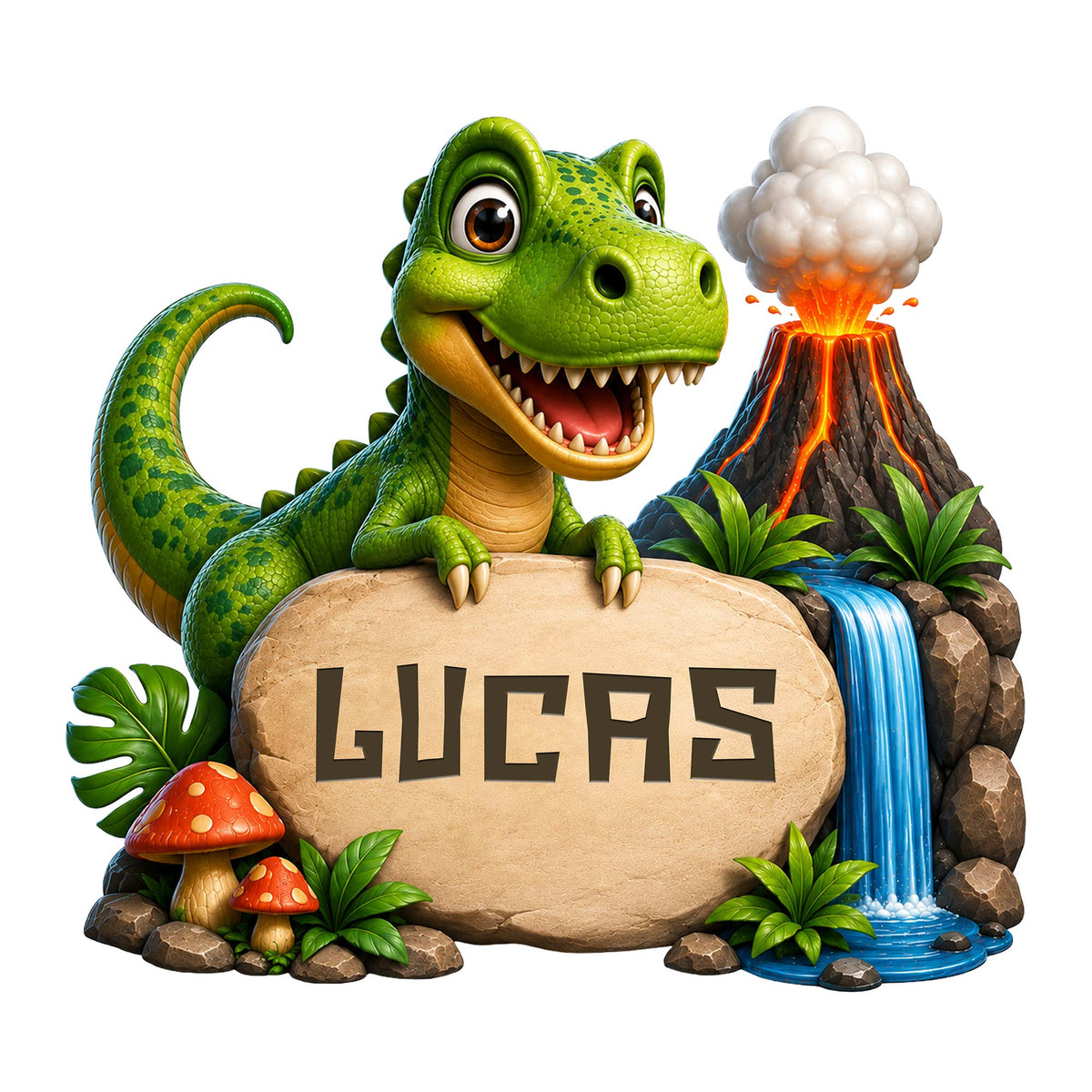 Custom dinosaur metal sign featuring a cheerful green T. rex, erupting volcano, waterfall, and jungle scene