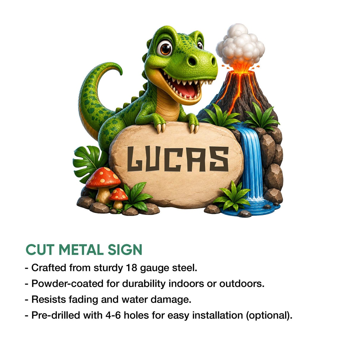 Cute dinosaur metal sign product feature graphic showing the colorful T. rex jungle artwork