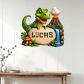 Dinosaur wall sign displayed on a light wood-paneled wall above a console table