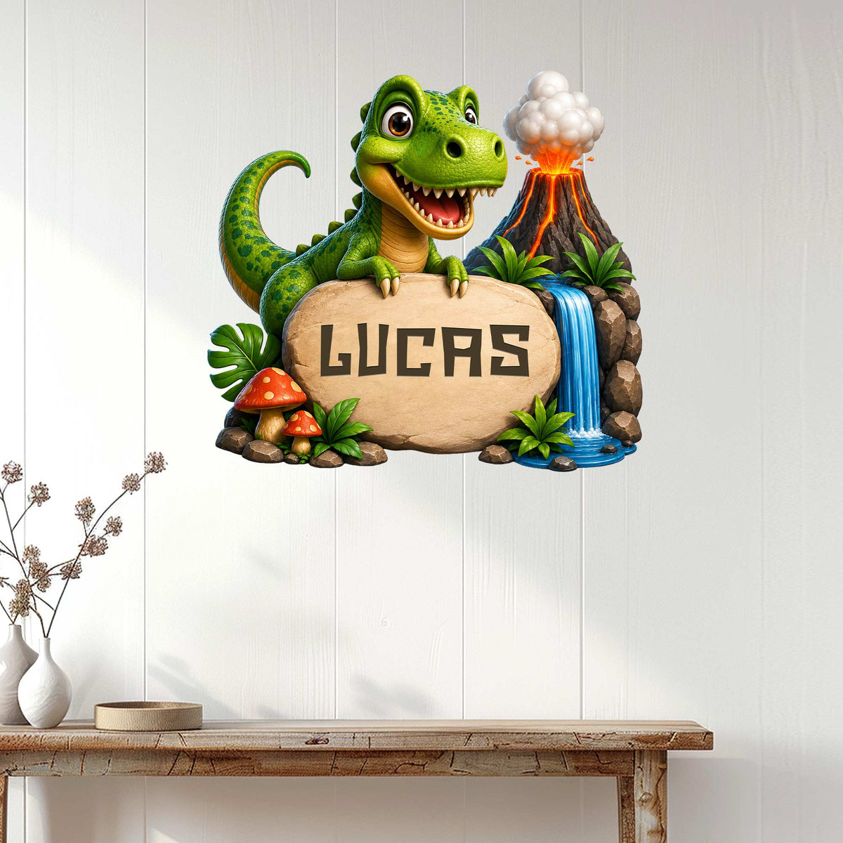 Dinosaur wall sign displayed on a light wood-paneled wall above a console table