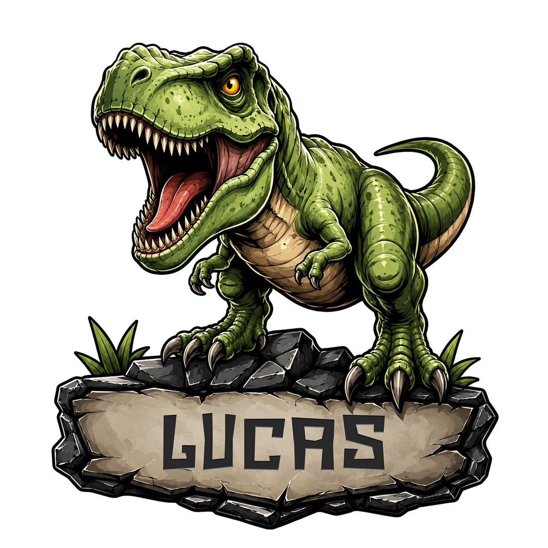 Ferocious green tyrannosaurus dinosaur metal sign with rocky base and bold custom design
