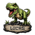 Ferocious green tyrannosaurus dinosaur metal sign with rocky base and bold custom design