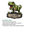 Tyrannosaurus dinosaur metal sign product graphic highlighting the cut metal sign design
