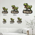 Dinosaur metal sign size guide showing available square sizes from 8 by 8 to 24 by 24 inches