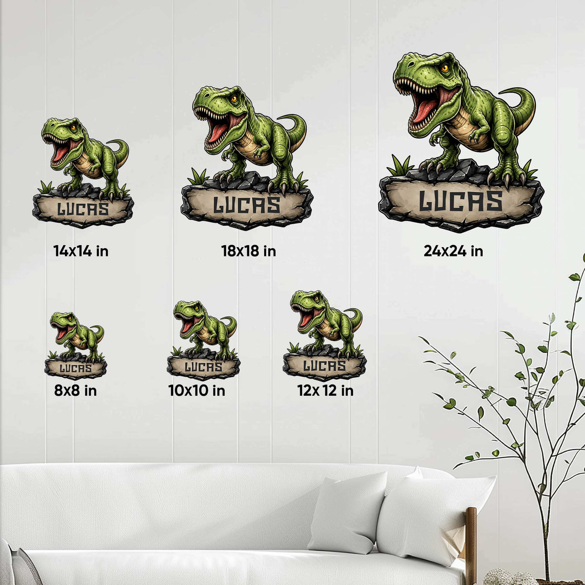Dinosaur metal sign size guide showing available square sizes from 8 by 8 to 24 by 24 inches