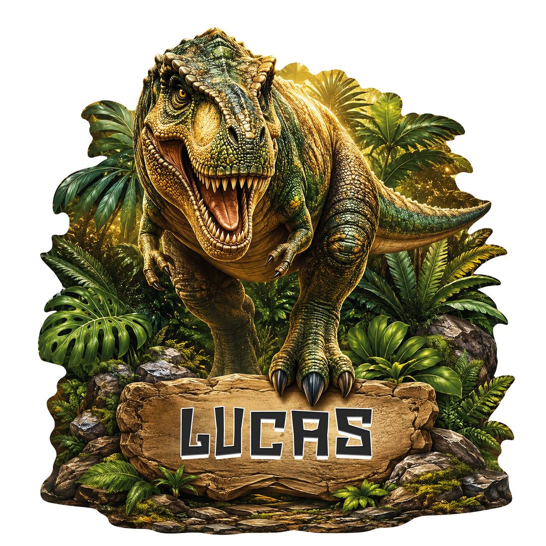 Roaring T. rex dinosaur metal sign surrounded by lush prehistoric jungle foliage and rocky terrain