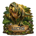 Roaring T. rex dinosaur metal sign surrounded by lush prehistoric jungle foliage and rocky terrain