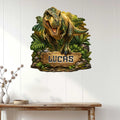 T. rex dinosaur wall sign displayed on a bright white paneled wall above a console table