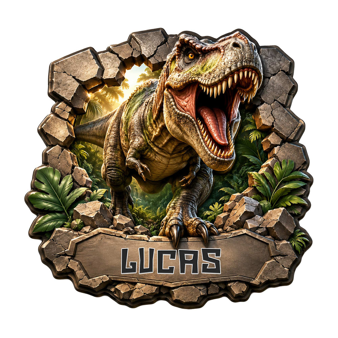Custom dinosaur metal sign featuring a roaring T-Rex breaking through a rocky jungle scene