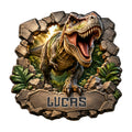 Custom dinosaur metal sign featuring a roaring T-Rex breaking through a rocky jungle scene