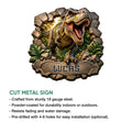T-Rex dinosaur metal sign shown with cut-steel construction and indoor or outdoor display features