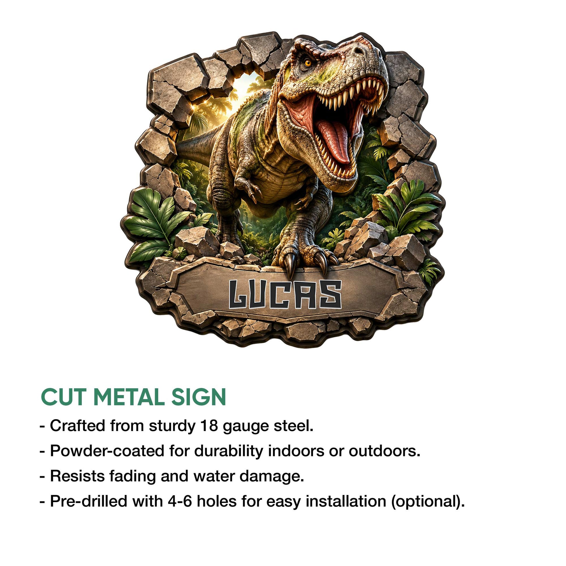 T-Rex dinosaur metal sign shown with cut-steel construction and indoor or outdoor display features