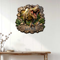 Roaring T-Rex metal wall sign displayed on a bright white paneled wall above a console table