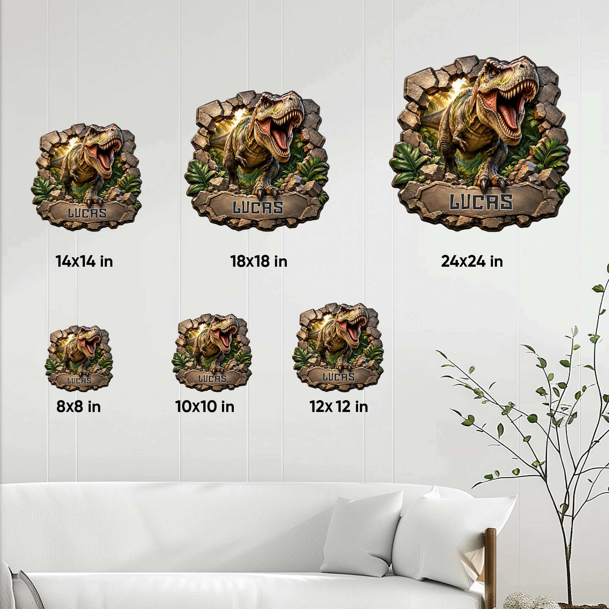 Dinosaur metal sign size guide showing display options from 8 by 8 to 24 by 24 inches