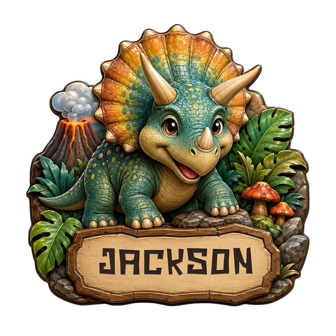 Colorful triceratops dinosaur metal sign with jungle foliage, volcano, rocks, and a rustic sign plaque