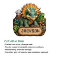 Triceratops dinosaur metal sign product graphic showcasing the detailed cut-metal design