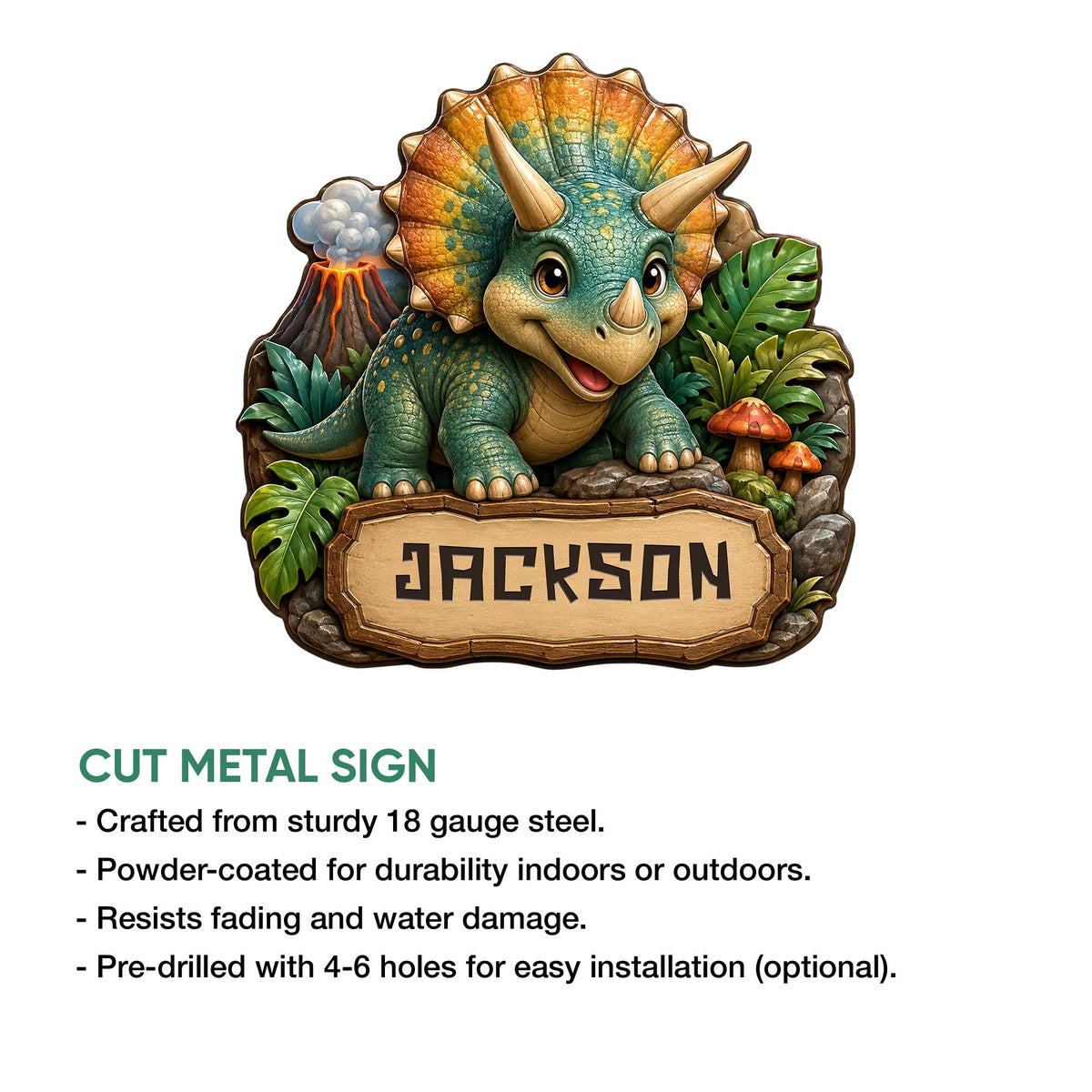 Triceratops dinosaur metal sign product graphic showcasing the detailed cut-metal design