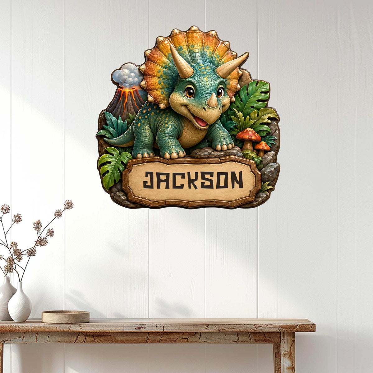 Triceratops dinosaur wall sign displayed on a light wood-paneled wall in a home interior