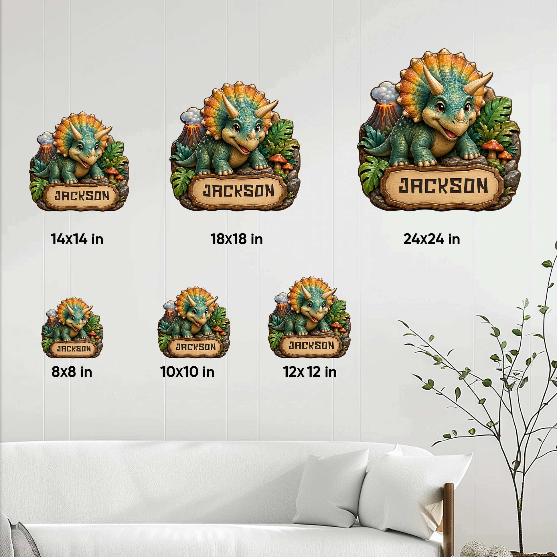 Dinosaur metal sign size guide showing six available square sizes from 8 by 8 to 24 by 24 inches