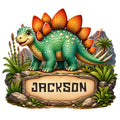 Colorful Stegosaurus dinosaur metal sign with tropical plants, volcano scenery, and a stone-style border