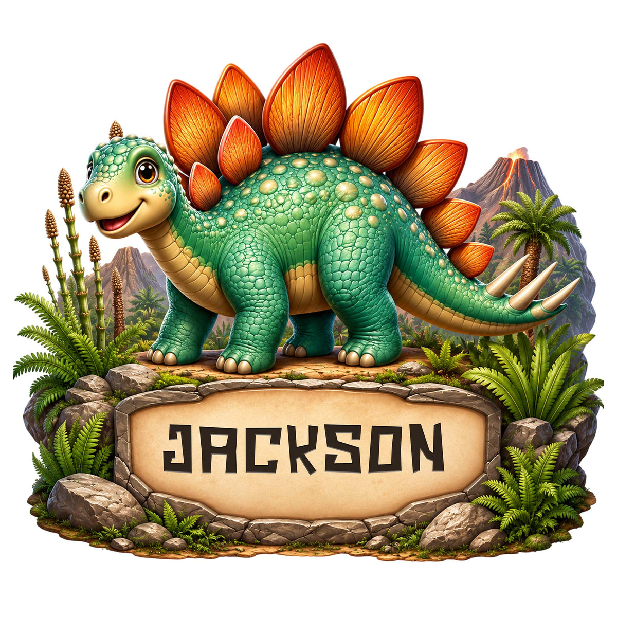 Colorful Stegosaurus dinosaur metal sign with tropical plants, volcano scenery, and a stone-style border