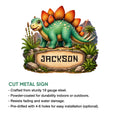 Stegosaurus dinosaur metal sign shown in a product feature graphic with a cut-metal design