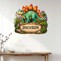 Stegosaurus dinosaur wall sign displayed above a console table in a bright home interior