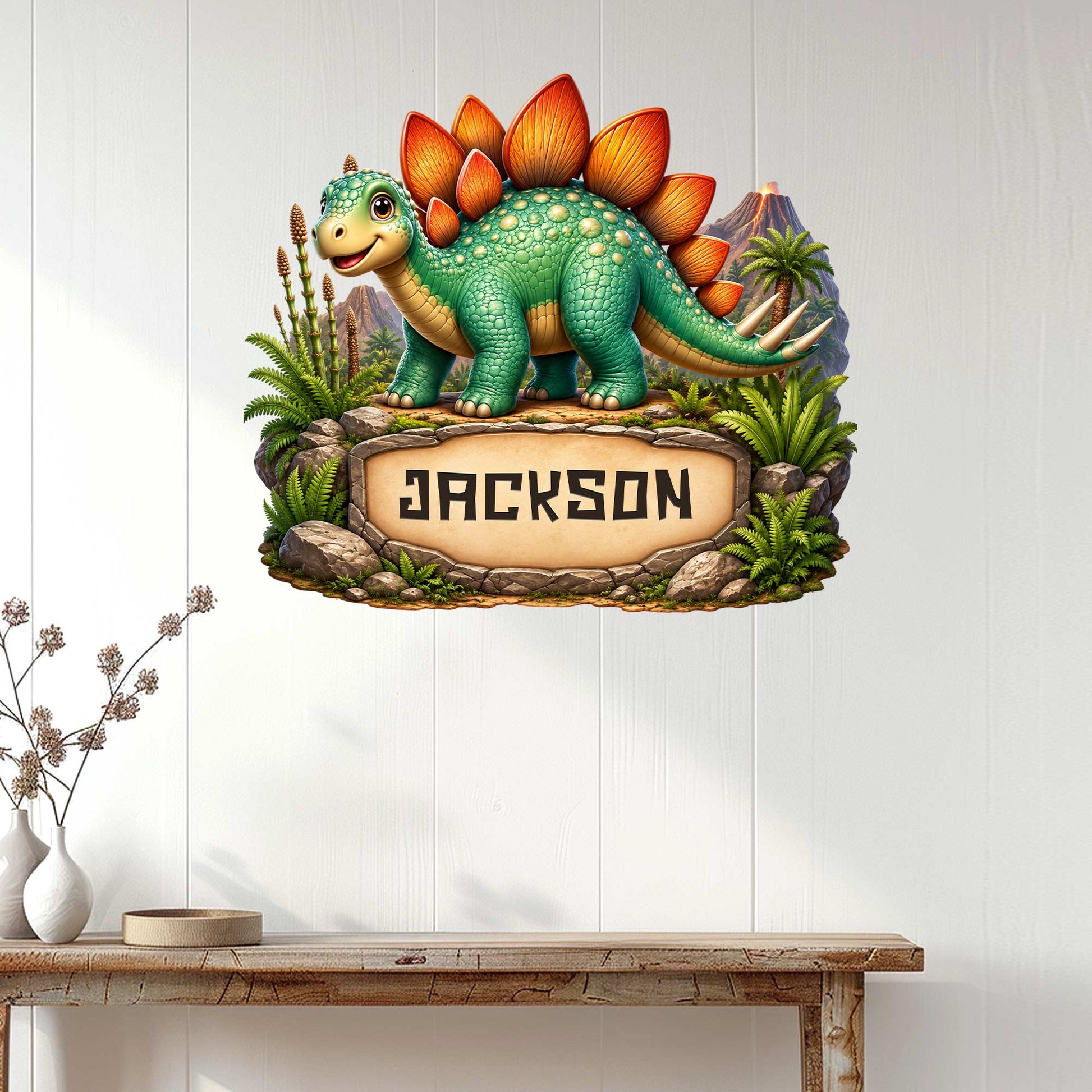 Stegosaurus dinosaur wall sign displayed above a console table in a bright home interior