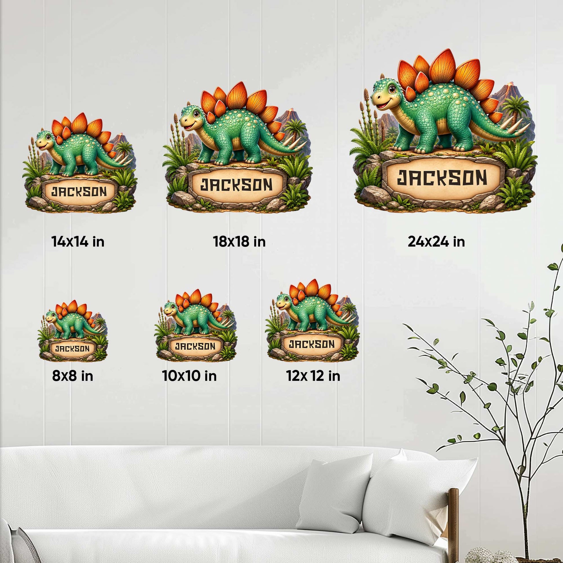 Dinosaur metal sign size guide showing several square size options in a room setting