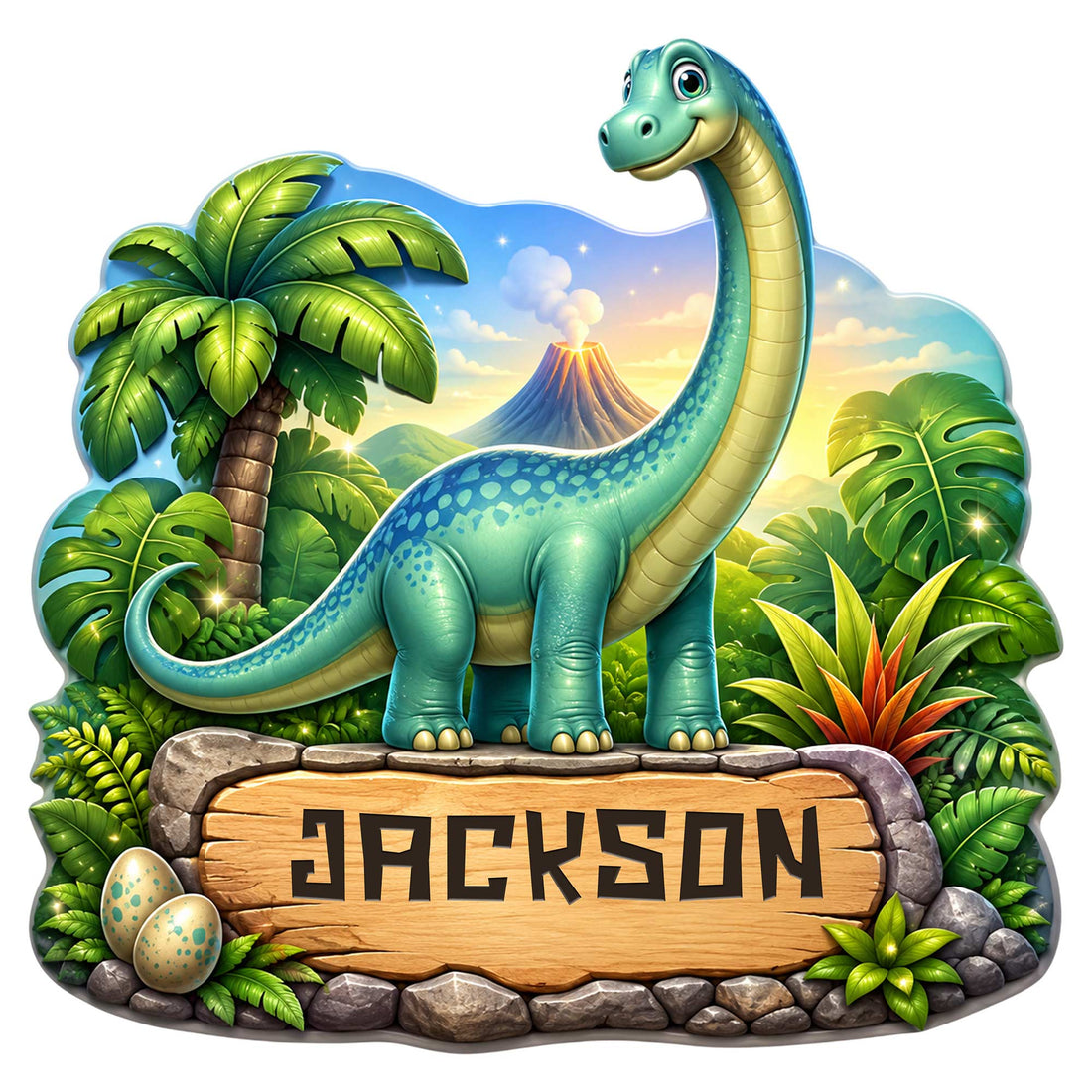 Custom dinosaur metal sign featuring a friendly long-neck dinosaur in a lush prehistoric jungle scene