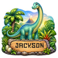 Custom dinosaur metal sign featuring a friendly long-neck dinosaur in a lush prehistoric jungle scene