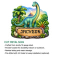 Dinosaur metal sign product graphic showing the jungle design with cut metal sign features and size options