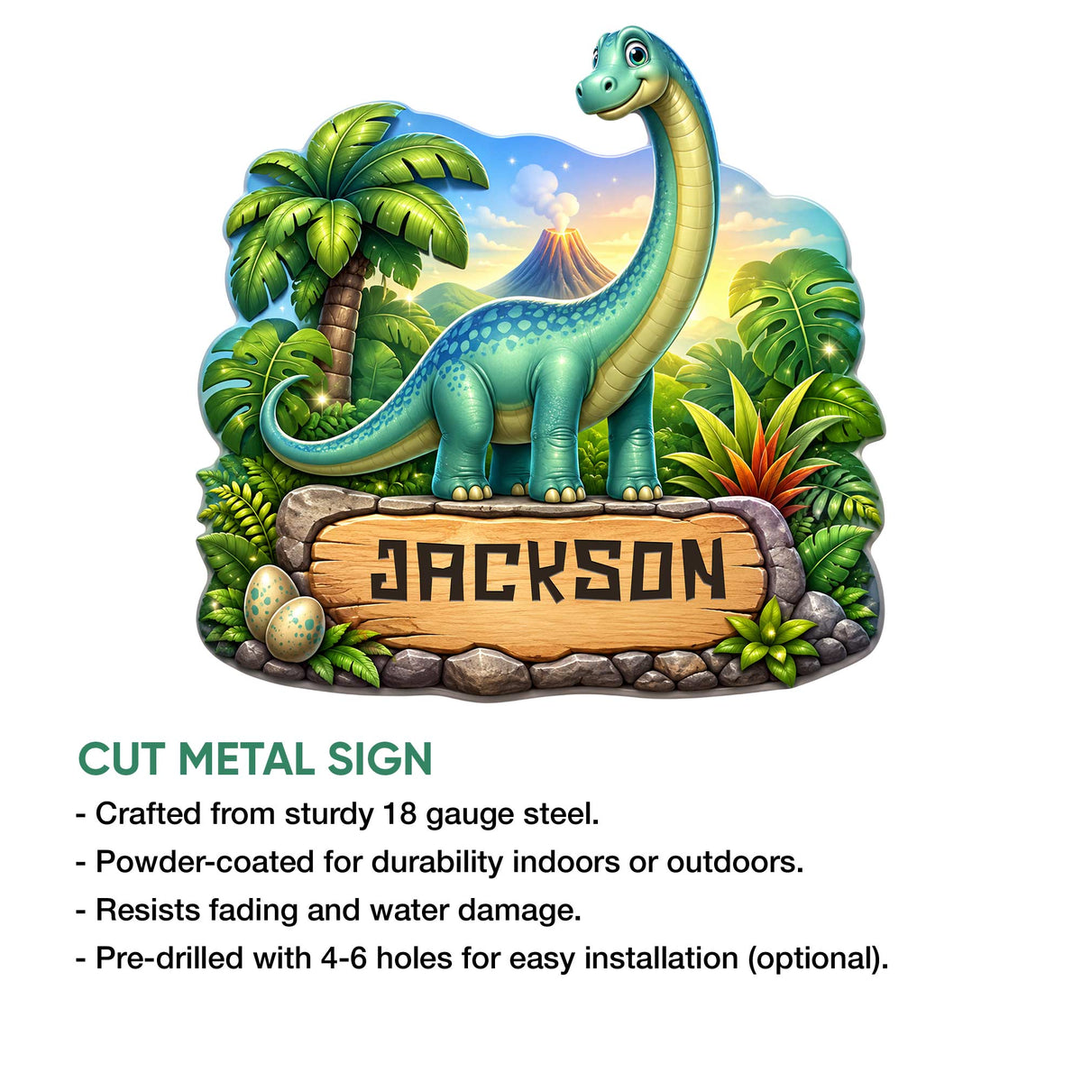 Dinosaur metal sign product graphic showing the jungle design with cut metal sign features and size options